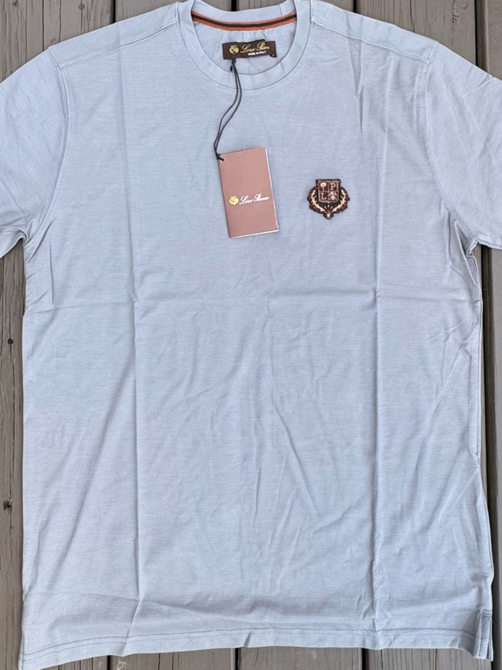 Loro Piana Light Gray Short Sleeve Crewneck Tee with Embroidered Crest